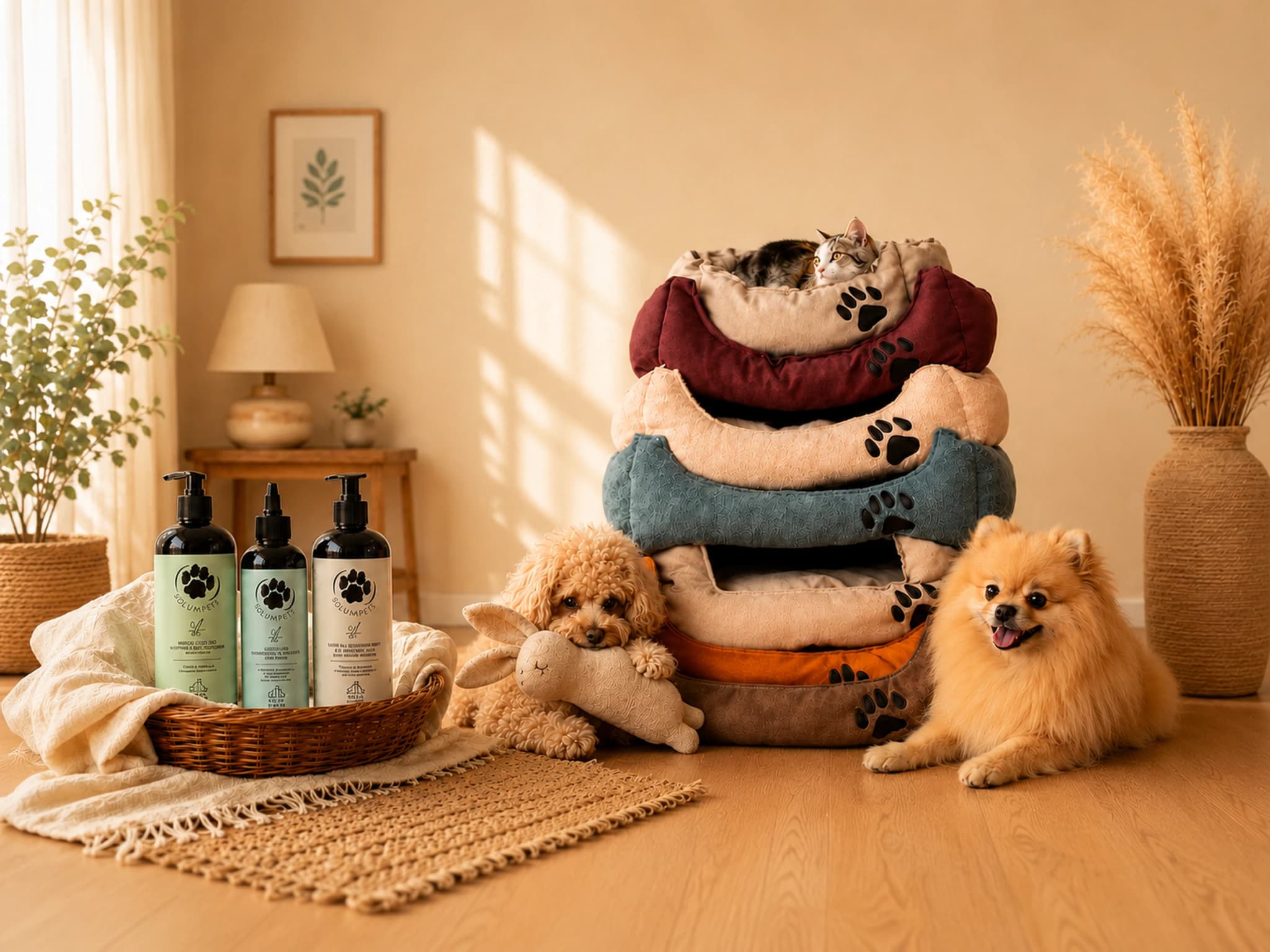Товары SOLUMPETS — уходовая косметика, лежанки; рядом отдыхают пёс, кошка и шпиц